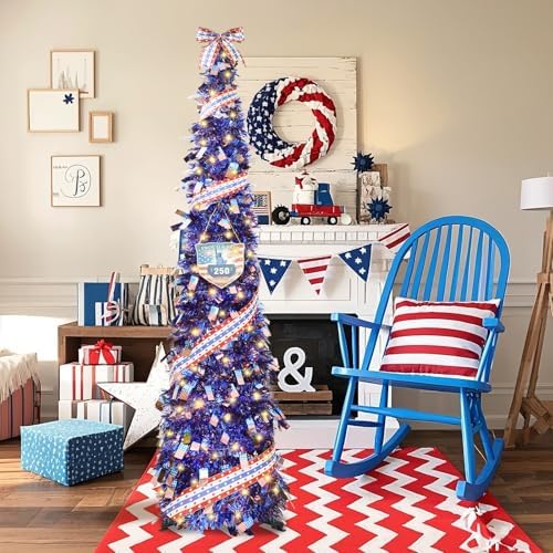 HMASYO 4th of July Decorations 6 FT Pop Up Patriotic Tinsel Tree with 100 Timer Lights – USA 250th Anniversary Decorations Merchandise Collapsible Pencil Tree for Home Office Decorations - Image 7