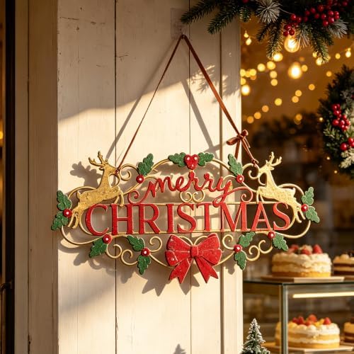 27.5"L Vintage Christmas Wall Decor Metal Xmas Hanging Sign, Merry Christmas Front Door Plaque with Reindeer, Holly and Bow, Rustic Farmhouse Distressed Christmas Welcome Sign for Xmas Home Garden Porch Patio Yard Outdoor Decoration - Image 4