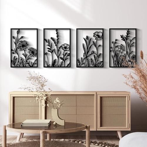 Glamativity 4 Pcs Black Abstract Flowers Metal Wall Art, Minimalist Floral Single Line Wall Décor, 3D Textured Sculptures, Rustic Nature Wall Art Décor for Living Room, Bedroom, Study (L Size 22.5x15.7'') by MetalWallD%C3%A9cor-MakeYourHomeAmazing