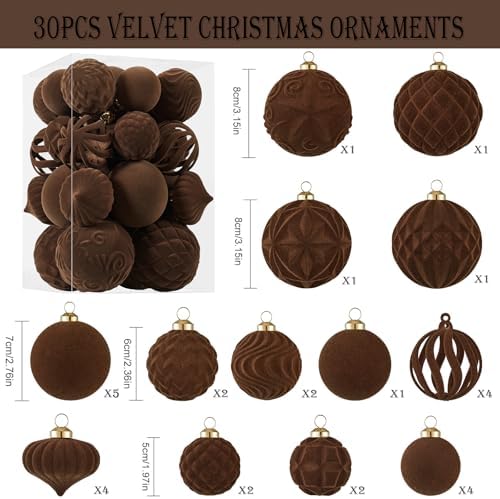 30pcs Velvet Christmas Ball Ornaments, Flocked Shatterproof Christmas Ornaments Hanging Xmas Tree Decorations Set for Home Party Holiday Decor (Multi-Size, Brown) - Image 2