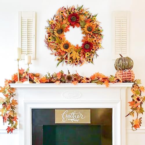 Olalaka 24” Fall Wreaths for Front Door, Outdoor Autumn Wreath with Sunflowers, Leaves, Berries and Bumpkins for Thanksgiving Halloween & Harvest Decor, Fall Garland Decoractions for Home - Image 6