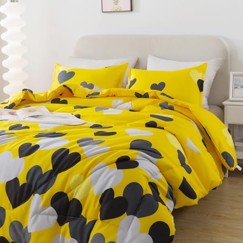 Caressma Farmhouse Yellow Queen Size Comforter Set 3 Pieces Bedding Set with Black Heart All Season Fluffy Soft Lightweight(1 Comforter & 2 Pillowshams) - Image 3