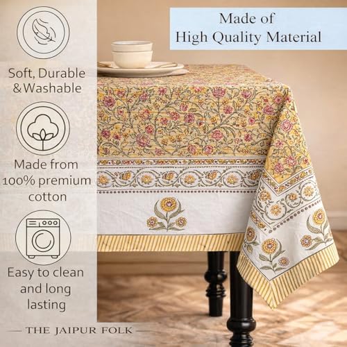 Floral Rectangle Table cloth | 100% Cotton Hand Block Printed Thanksgiving Spring Table Cover| Washable Wrinkle Resistant, for Dining , Kitchen, Festive, Parties, Weddings (Pink Yellow, 72x120 inch) - Image 2