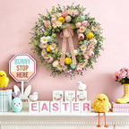 22 Inch Easter Wreath for Front Door with Easter Eggs, Eucalyptus Leaves, Daisies, Tulips, & Plush Chicks, Easter Spring Wreath with Velvet Ribbon Bow Decorations for Home - Image 4