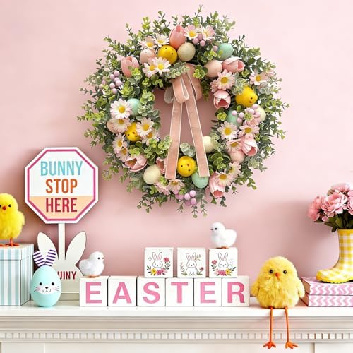 22 Inch Easter Wreath for Front Door with Easter Eggs, Eucalyptus Leaves, Daisies, Tulips, & Plush Chicks, Easter Spring Wreath with Velvet Ribbon Bow Decorations for Home - Image 4