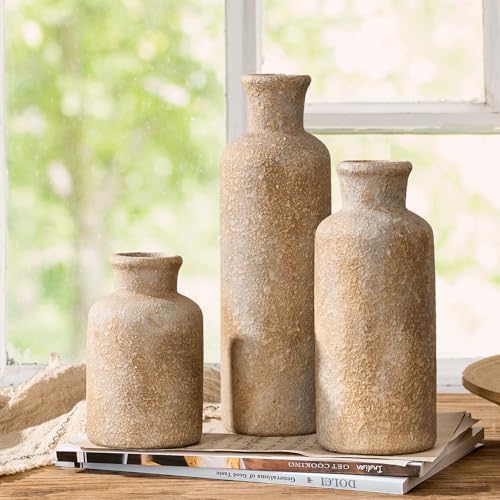 Ceramic Rustic Farmhouse Vase Set of 3,Terracotta Vases for Home Decor - Image 2