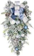 30" Christmas Teardrop Swag for Front Door Artificial Winter Swag Garland with Pine Cones, Berry Clusters, Blue Ball Ornaments and Ribbons for Thanksgiving Holiday Christmas Decoration by Arborus