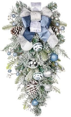30" Christmas Teardrop Swag for Front Door Artificial Winter Swag Garland with Pine Cones, Berry Clusters, Blue Ball Ornaments and Ribbons for Thanksgiving Holiday Christmas Decoration by Arborus