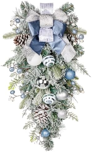 30" Christmas Teardrop Swag for Front Door Artificial Winter Swag Garland with Pine Cones, Berry Clusters, Blue Ball Ornaments and Ribbons for Thanksgiving Holiday Christmas Decoration by Arborus