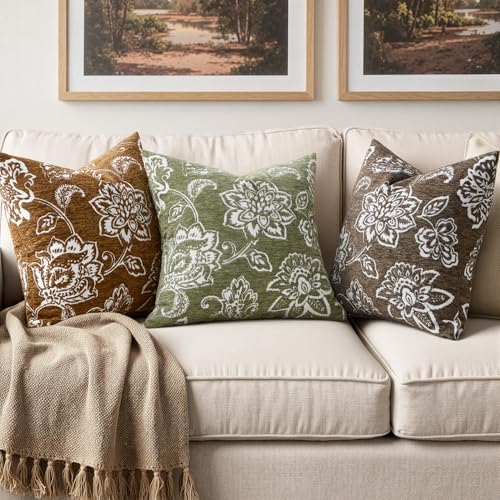Set of 2 Chenille Floral Pillow Covers 20x20 Inch Sage Green - Image 2