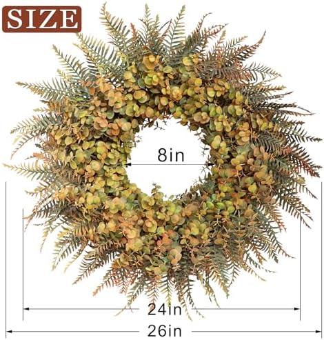 26" Artificial Fall Eucalyptus & Ferns Wreath for Front Door (Green Orange) - Image 6
