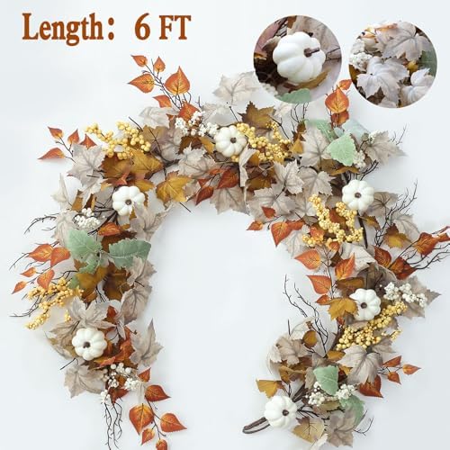 MIZII Fall Decor Artificial Maple Leaf Pumpkin Garland 6FT Fake Autumn Vines Garland Thanksgiving Halloween Harvest Decorations for Porch Mantle Table Centerpieces Fireplace Farmhouse (White PK) - Image 2