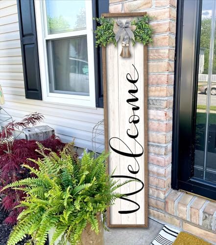 Welcome Sign for Front Porch Standing 45"X9" Large Outdoor Decor Rustic Vertical Leaner Wood Frame Porch Tall Welcome Signs for Farmhouse Outside Front Door Decorations (Wood White) by Surfapans