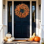 26 Inch Fall Wreath for Front Door, Autumn Harvest Wreaths with Eucalyptus Leaves, Orange Mums, Artificial Wreath for Indoor Outdoor Porch Home Thanksgiving Farmhouse Decorations - Image 3