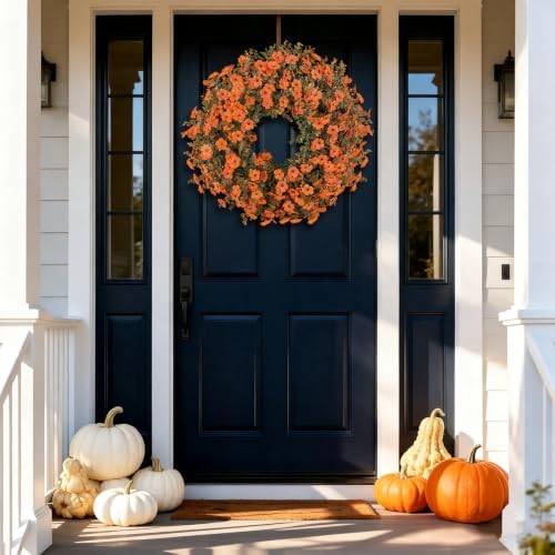 26 Inch Fall Wreath for Front Door, Autumn Harvest Wreaths with Eucalyptus Leaves, Orange Mums, Artificial Wreath for Indoor Outdoor Porch Home Thanksgiving Farmhouse Decorations - Image 3
