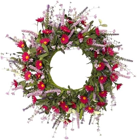 24 Inch Artificial Spring Summer Wreath for Front Door, Colorful Floral Wreath with Red Daisies Lavender and Eucalyptus Leaves, Farmhouse Indoor Outdoor Decor by BeigeOk