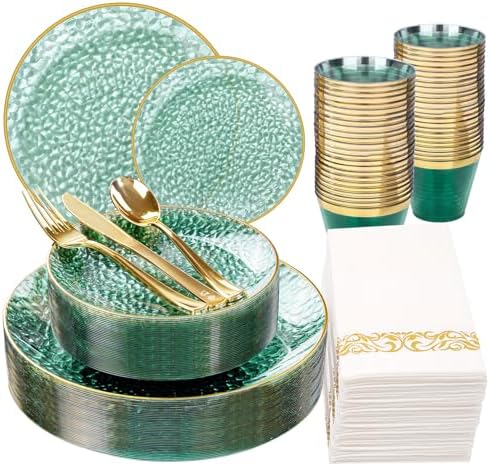 Rubtlamp 175 Pcs Green Plastic Plates Dinnerware Set (25 Guests), Hammered Plates Sets, Green Plastic Party Plates Set include 50 Disposable Plates Set, 75 Gold Plastic Silverware, 25 Cups 25 Napkins by Rubtlamp