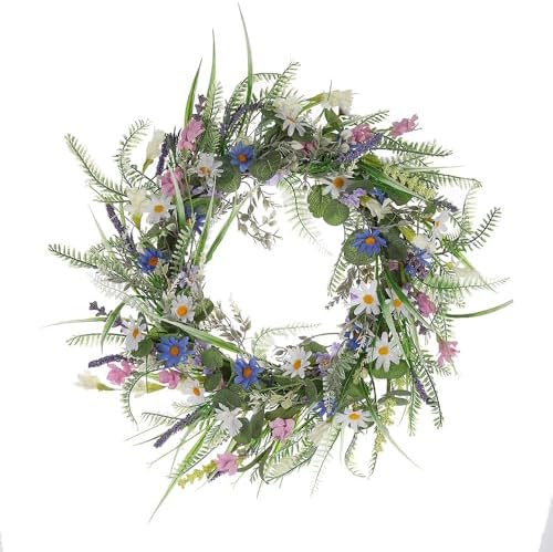 Spring Summer Wildflower Wreath for Front Door 18 Inch Artificial Colorful Flower Wreath for Indoor Outdoor Wall Festival Easter Home Farmhouse Wedding Decor (Green) by PQIQP