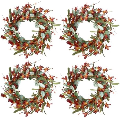 15 Inches 4 Pcs Fall Wreaths for Front Door Artificial Autumn Wreath with Forsythia Flowers Greenery Leaves Orange Berries for Outside Indoor Wall Window Festival Thanksgiving Fall Harvest Decor by idyllic