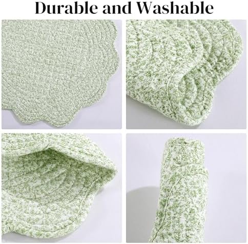 HOMBYS Quilted Placemats Set of 6 Washable Round Placemats for Kitchen Table-100% Cotton Fabric 14 Inch Round Table Mats, Cotton Fabric with Microfiber Filling, (14"x14", White & Green Flower) - Image 5