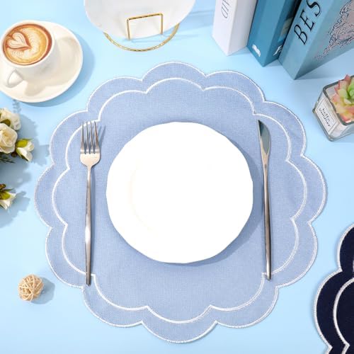 Whaline Dusty Blue Linen Placemats Embroidered Round Scalloped Kitchen Table Mats for Spring Easter Party Home Dining Table Decor, Set of 6, 15 x 15 in - Image 4