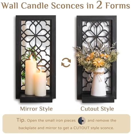 Black Candle Sconces Wall Decor Set of 2 Gothic Wood Candle Display Shelves - Image 2
