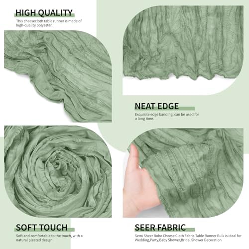 12 Pack Sage Green Cheesecloth Table Runner 10Ft, Gauze Table Runners 21.5 x 120 inch,Semi Sheer Cheese Cloth Fabric Runner Bulk for Wedding,Party,Baby Shower,Bridal Shower - Image 6