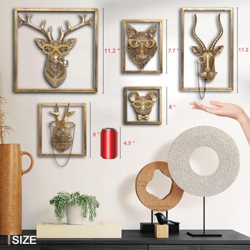 Newinhome Animal Heads Wall Decor (Includes Metal Frame) Resin Animals Sculptures Head Wall Hanging Decoration Gold vintage Wall Sculpture for Living Room Bedroom Office(Jackalope) - Image 3