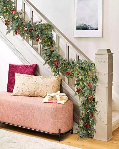 Red Berry Christmas Garland, Artificail Pine Garland with Berries Eucalyptus Cedar Leaves for Winter Holiday Home Table Centerpiece Decor (Green) - Image 2