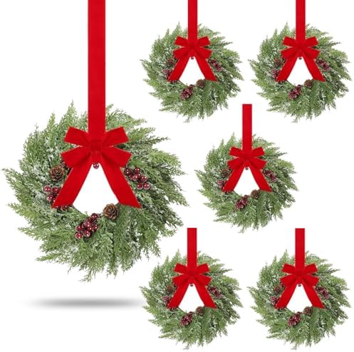 6 Pcs 15inchs Small Christmas Wreath for Kitchen Cabinets Mini Xmas Wreaths with Ribbon Christmas Decorations Candle Rings Red Berry Pine Cone Wreaths for Windows Farmhouse Xmas Decor by Unknown