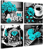 DJSYLIFE Teal Rose Canvas Wall Art Set of 4 for Bedroom, 12x12 Inch by DJSYLIFE