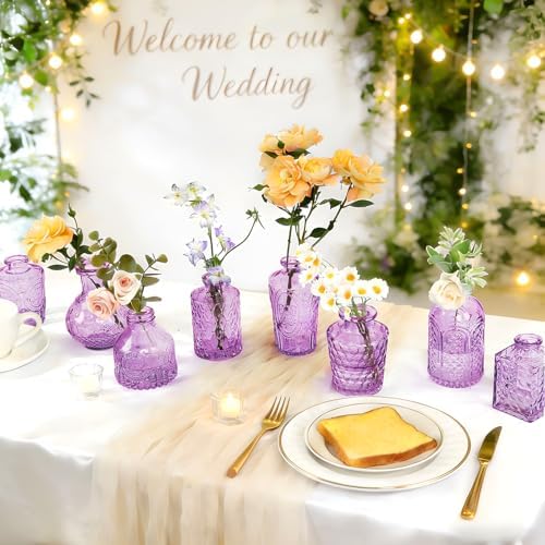 Violet Purple Glass Bud Vases in Bulk 24, Vintage Small Vases for Flowers, Table Centerpieces, Mini Flower Vase Bottle Decorative Vase Set for Wedding, Party, Baby Shower, Holiday, Home Decor - Image 4