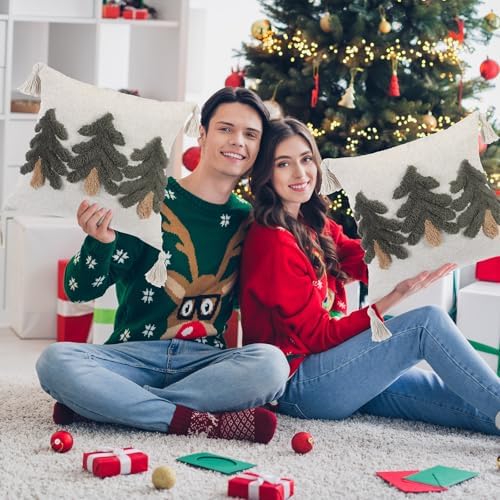 Mixweer 2 Pack Green Tufted Christmas Tree Pillow Covers 18 x 18 Inch Farmhouse Winter Throw Pillowcases with Tassels Green Tree Decorative Cushion Covers for Sofa Couch Holiday Party Home Decor - Image 6