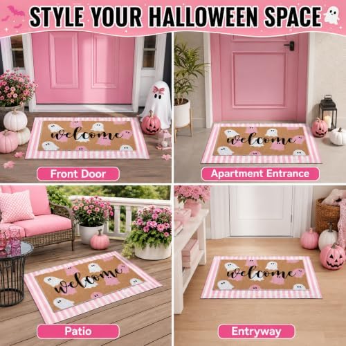 Tinideya 2 Pcs Halloween Ghost Layered Doormat Set, Pink White - Image 6