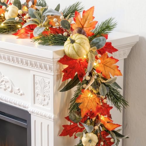 Lewondr 6ft Fall Garland with Lights for Mantel, 20 LED, Maple Leaves - Image 5