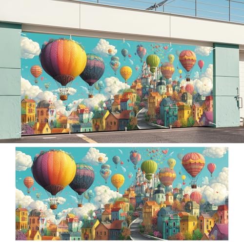 Hot Air Balloon Fantasy Summer Garage Door Banner 7x16FT, Colorful Balloon & Sky City Garage Door Cover, Vibrant Outdoor Decoration for Spring & Summer Parties Home Decor - Image 6