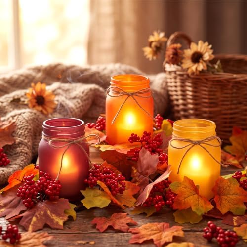 6 Thanksgiving Mason Jar Centerpieces for Tables with Fall Maple Leaf Rings - Image 5