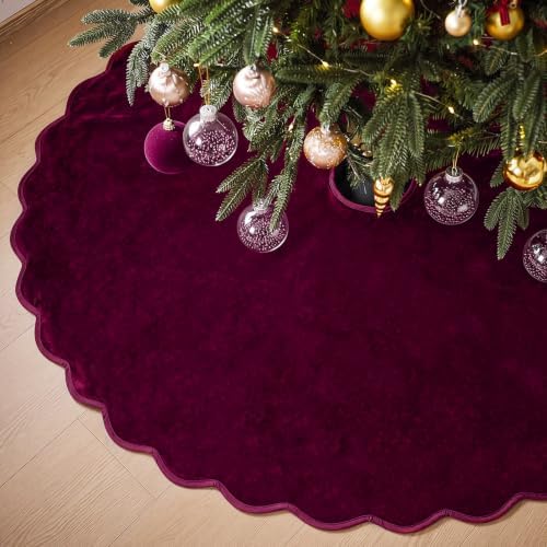 RoundFunny Burgundy Christmas Tree Skirt Velvet Tree Skirts, 60 Inch - Image 2