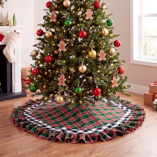 Blueweenly Christmas Tree Skirt, 48 Inch, Red Plaid with Ruffle Edge - Image 3