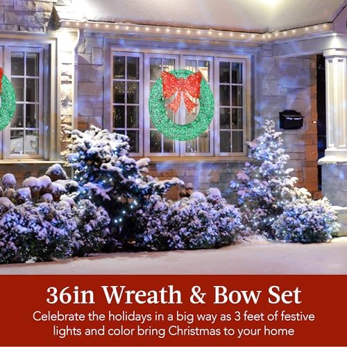 Best Choice Products 36in Pre-Lit Outdoor Christmas Wreath Decoration, LED Metal Holiday Decor for Home w/ 120 Lights, Bow - Green/Red - Image 2