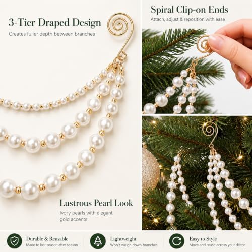 12 Pcs Christmas Tree Bead Garland, 3 Tier Hanging, Ivory Gold, Pearl - Image 4