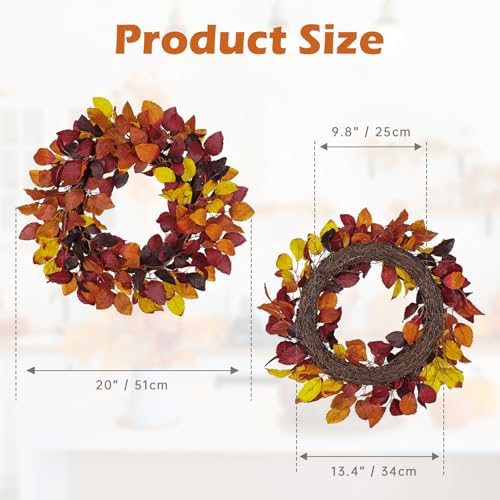 Artificial Fall Leaf Wreath for Front Door – 20" Autumn Wreath with Lifelike Fagus Sylvatica Foliages – Mixed Orange Yellow – Rustic Thanksgiving & Halloween Decoration for Indoor & Outdoor - Image 2