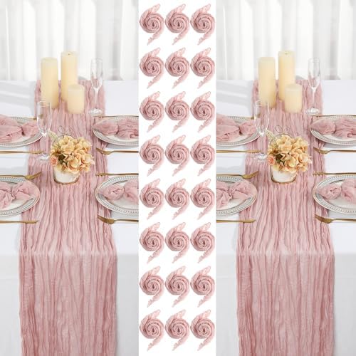 2 Cheesecloth Table Runners and 24 Napkins Set, 10Ft Boho Cheese Cloth Table Runners 20 x 20 Inch Rustic Wrinkled Gauze Napkins for Wedding Birthday Baby Shower Party Decor (Dusty Pink) by Windkream