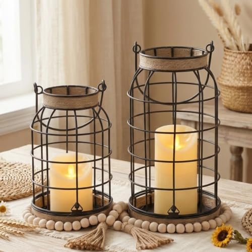 Rustic Farmhouse Candle Lantern, 2Pcs Decorative Lantern Decor with Candles by MATAHUMbeyourbetterchoice