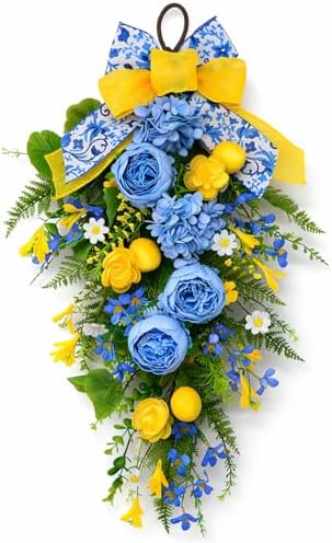 Lemon Teardrop Swag for Front Door, Blue Yellow Summer Door Decorations by CRCZK
