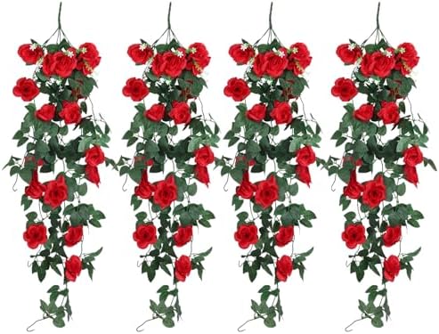 RECUTMS 4PCS Artificial Red Rose Garland Fake Hanging Flowers for Outdoors by RECUTMS