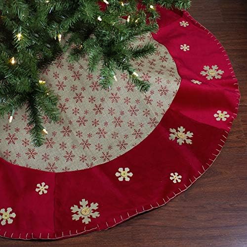 60" Burlap Glittered Snowflake Rustic Christmas Tree Skirt with Red Velvet Trim - Image 2
