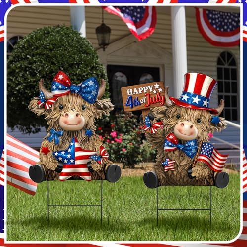 Amyhill 2 Pcs 4th of July Metal Outdoor Decor Garden Stakes Patriotic Highland Cow Welcome Yard Signs Decorations Red White Blue Garden Stakes for Independence Memorial Day Patio Lawn Walkway Outside - Image 6