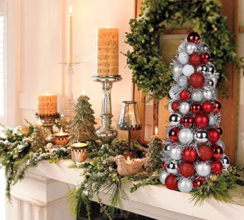16" Tabletop Christmas Tree, Small Christmas Tree Decorations with 94 Shatterproof Ornaments Balls Miniature Cone Xmas Tree for Holiday Party Wedding -Red Sliver - Image 2