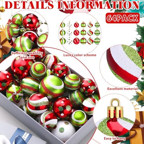 Lunmon 64 Pcs Lime Green Red Christmas Ornament Polka Dot Stripe Xmas Bulbs - Image 4